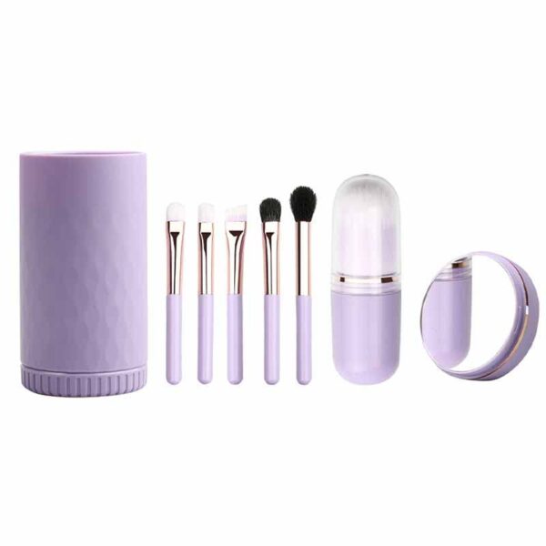 6 IN 1 Portable Travel Makeup Brush Set, COSHINE 6pcs Easy-taken Mini Complete Function Cosmetic Brushes Kit with Holder and Mirror (purple) - Image 2