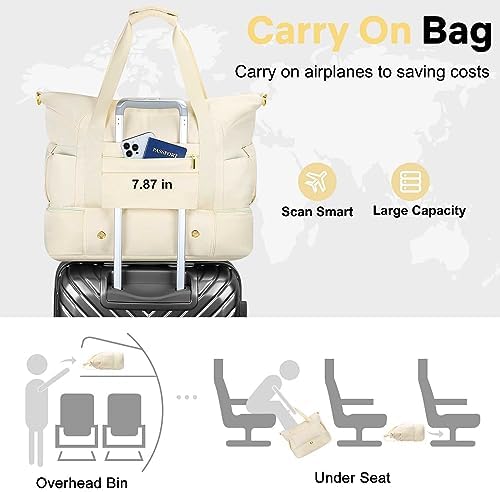 Travel Duffle Bag for Women, Weekender Bag, Gym Bag with Wet Pocket and Shoe Compartment for Overnight, Air Travel Carry on (Beige) - Image 7