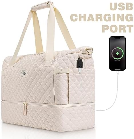 ETRONIK Travel Bag for Women, Gym Duffel Bag with USB Charging Port, Weekender Overnight Bag with Wet Pocket and Shoes Compartment for Women Travel Gym Daily Use (Beige) - Image 3