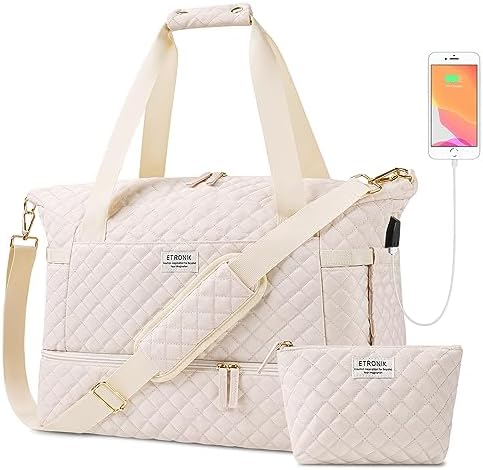 ETRONIK Travel Bag for Women, Gym Duffel Bag with USB Charging Port, Weekender Overnight Bag with Wet Pocket and Shoes Compartment for Women Travel Gym Daily Use (Beige) - Image 2