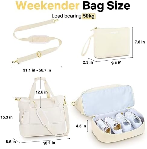Travel Duffle Bag for Women, Weekender Bag, Gym Bag with Wet Pocket and Shoe Compartment for Overnight, Air Travel Carry on (Beige) - Image 6