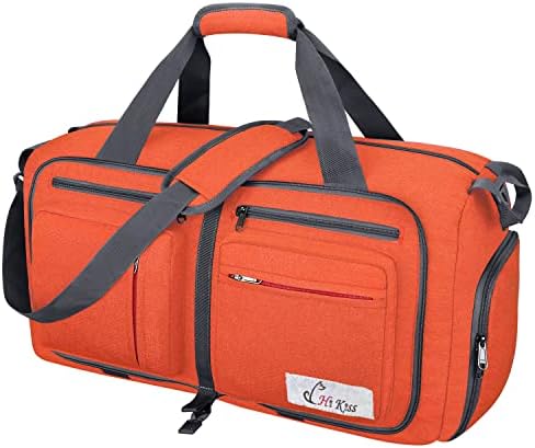 Travel Duffel Bag, 55L Foldable Duffle Bag with Shoes Compartment Packable Weekender Bag for Men Women Water-proof & Tear Resistant HIKISS-Orange - Image 7