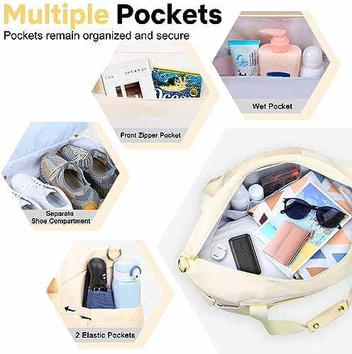 Travel Duffle Bag for Women, Weekender Bag, Gym Bag with Wet Pocket and Shoe Compartment for Overnight, Air Travel Carry on (Beige) - Image 4