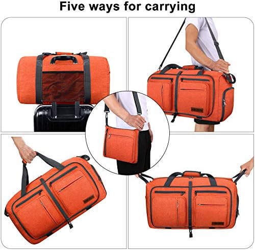 Travel Duffel Bag, 55L Foldable Duffle Bag with Shoes Compartment Packable Weekender Bag for Men Women Water-proof & Tear Resistant HIKISS-Orange - Image 6