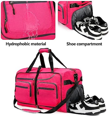 Travel Duffle Bag, 65L Foldable Travel Duffel Bag with Shoes Compartment and Wet Pocket, Waterproof & Tear Resistant (A7-Rose red, 65L) - Image 6