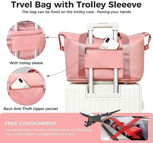 Travel Duffel Bag Large Capacity Folding Travel Bag Sports Tote Gym Bag with Trolley Sleeve Lightweight Weekender Overnight Carry on Bag for Travel Sports Gym Pink - Image 6