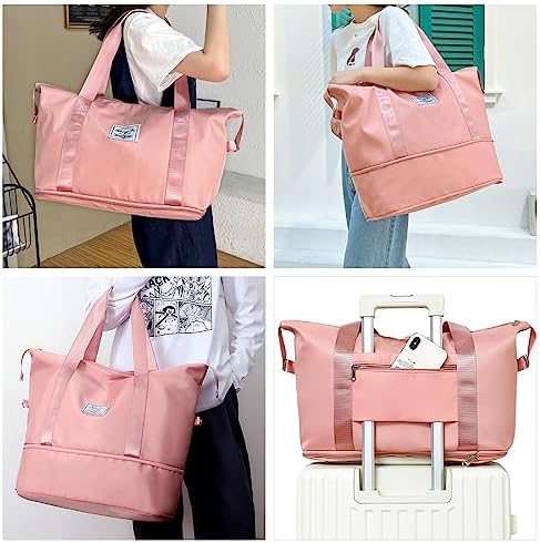 Travel Duffel Bag Large Capacity Folding Travel Bag Sports Tote Gym Bag with Trolley Sleeve Lightweight Weekender Overnight Carry on Bag for Travel Sports Gym Pink - Image 8