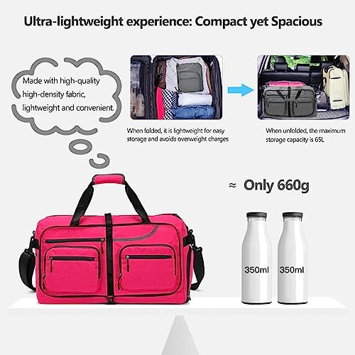 Travel Duffle Bag, 65L Foldable Travel Duffel Bag with Shoes Compartment and Wet Pocket, Waterproof & Tear Resistant (A7-Rose red, 65L) - Image 7
