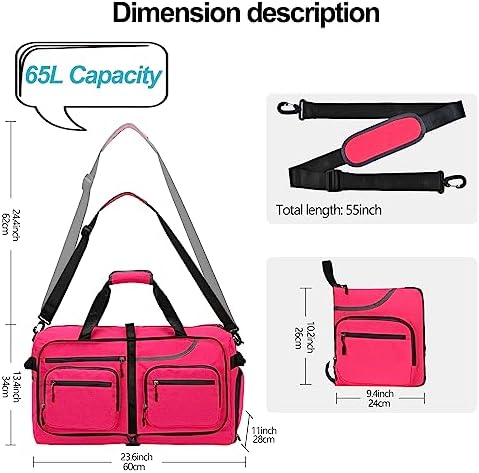Travel Duffle Bag, 65L Foldable Travel Duffel Bag with Shoes Compartment and Wet Pocket, Waterproof & Tear Resistant (A7-Rose red, 65L) - Image 5