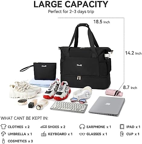 Duffle Bag Women Travel, Weekender Bag with Shoe Compartment, Overnight Bag with Toiletry Bag, Gym Bag Carry on Duffel Bag for Women, Men, Travel, Workout, Yoga, Sport (Black) - Image 3