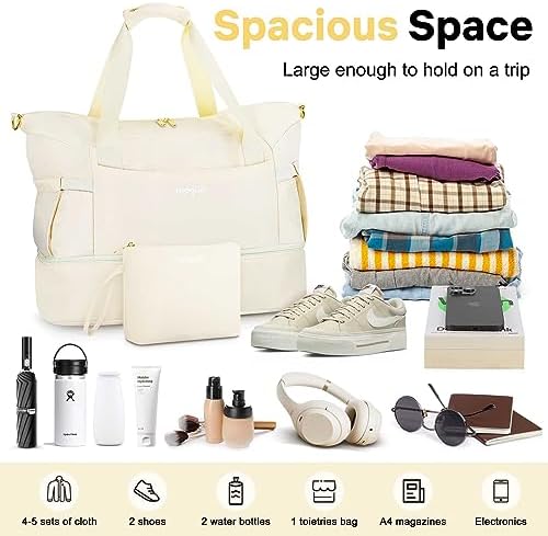 Travel Duffle Bag for Women, Weekender Bag, Gym Bag with Wet Pocket and Shoe Compartment for Overnight, Air Travel Carry on (Beige) - Image 3