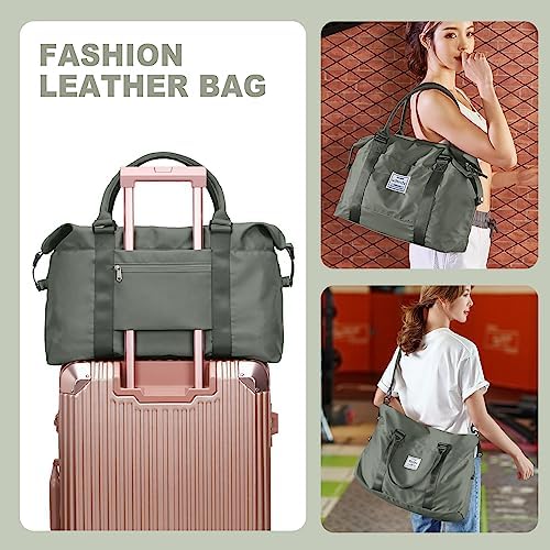 Weekender Bags for Women,Personal Item Travel Bag,Overnight Bag Gym Bag with Wet Pocket & Trolley Sleeve,Carry On Travel Tote Bag Duffel Bag,Green - Image 8