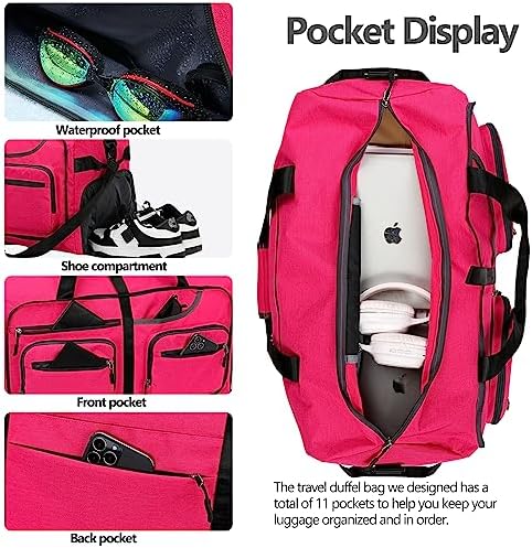 Travel Duffle Bag, 65L Foldable Travel Duffel Bag with Shoes Compartment and Wet Pocket, Waterproof & Tear Resistant (A7-Rose red, 65L) - Image 4