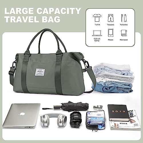 Weekender Bags for Women,Personal Item Travel Bag,Overnight Bag Gym Bag with Wet Pocket & Trolley Sleeve,Carry On Travel Tote Bag Duffel Bag,Green - Image 4