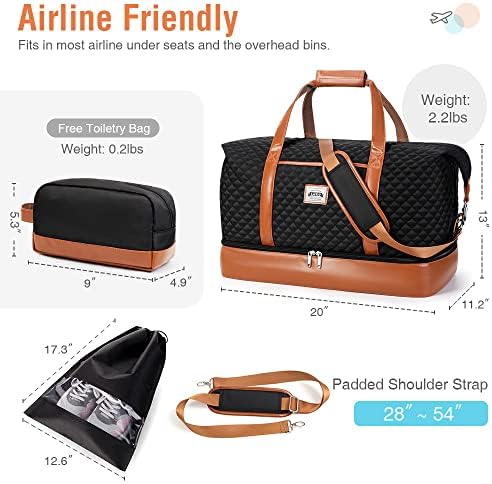 Lekebobor Quilted Overnight Bag for Women Weekender Bag with Shoes Bags Shoes Compartment Toiletry Bag,Travel Duffle Bag for Women Large Holdall Travel Weekend Bag 50L Quilted Black - Image 8