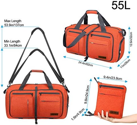 Travel Duffel Bag, 55L Foldable Duffle Bag with Shoes Compartment Packable Weekender Bag for Men Women Water-proof & Tear Resistant HIKISS-Orange - Image 3