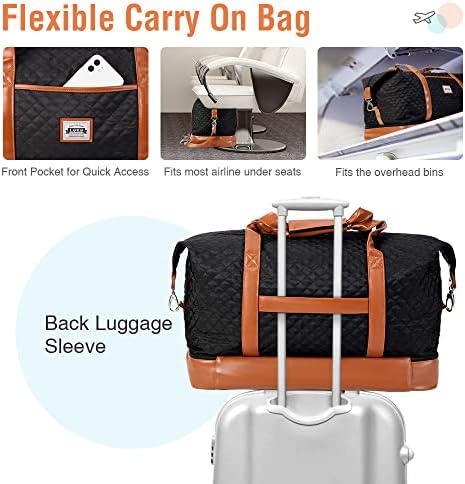 Lekebobor Quilted Overnight Bag for Women Weekender Bag with Shoes Bags Shoes Compartment Toiletry Bag,Travel Duffle Bag for Women Large Holdall Travel Weekend Bag 50L Quilted Black - Image 5