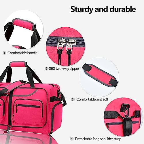 Travel Duffle Bag, 65L Foldable Travel Duffel Bag with Shoes Compartment and Wet Pocket, Waterproof & Tear Resistant (A7-Rose red, 65L) - Image 3