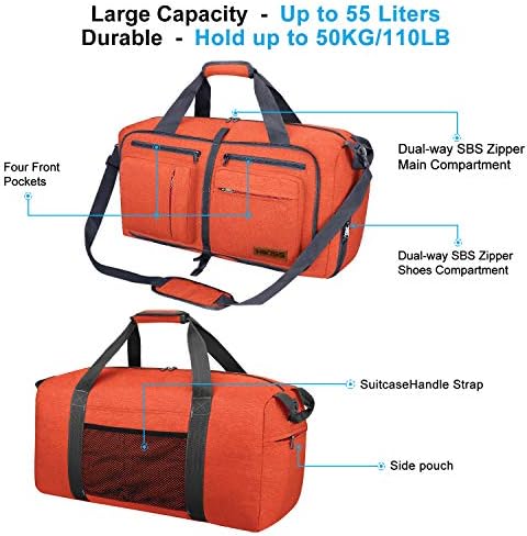 Travel Duffel Bag, 55L Foldable Duffle Bag with Shoes Compartment Packable Weekender Bag for Men Women Water-proof & Tear Resistant HIKISS-Orange - Image 4