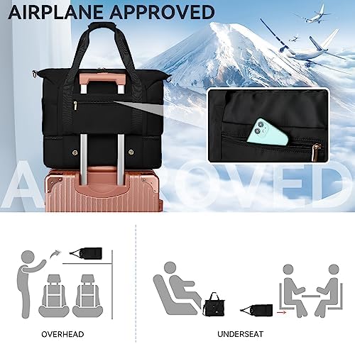 Duffle Bag Women Travel, Weekender Bag with Shoe Compartment, Overnight Bag with Toiletry Bag, Gym Bag Carry on Duffel Bag for Women, Men, Travel, Workout, Yoga, Sport (Black) - Image 6