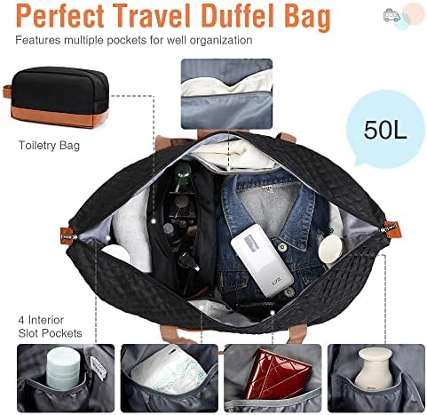 Lekebobor Quilted Overnight Bag for Women Weekender Bag with Shoes Bags Shoes Compartment Toiletry Bag,Travel Duffle Bag for Women Large Holdall Travel Weekend Bag 50L Quilted Black - Image 4