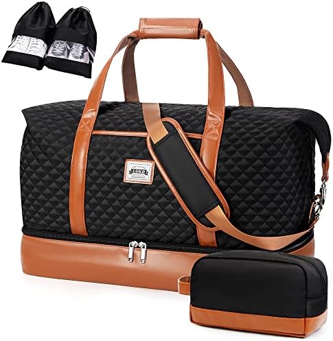 Lekebobor Quilted Overnight Bag for Women Weekender Bag with Shoes Bags Shoes Compartment Toiletry Bag,Travel Duffle Bag for Women Large Holdall Travel Weekend Bag 50L Quilted Black - Image 2