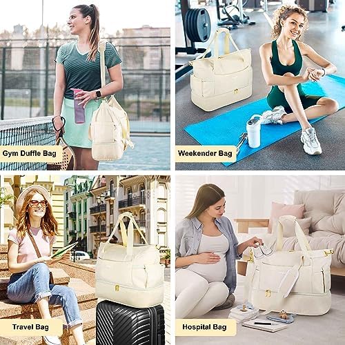 Travel Duffle Bag for Women, Weekender Bag, Gym Bag with Wet Pocket and Shoe Compartment for Overnight, Air Travel Carry on (Beige) - Image 8