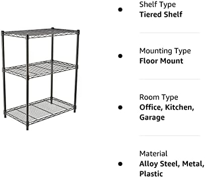 Amazon Basics 3-Shelf Narrow Adjustable, Heavy Duty Storage Shelving Unit (250 lbs loading capacity per shelf), Steel Organizer Wire Rack, Black, 23.2"L x 13.4"W x 30"H - Image 7