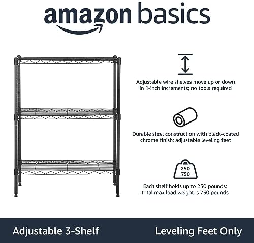 Amazon Basics 3-Shelf Narrow Adjustable, Heavy Duty Storage Shelving Unit (250 lbs loading capacity per shelf), Steel Organizer Wire Rack, Black, 23.2"L x 13.4"W x 30"H - Image 3