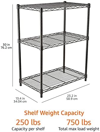 Amazon Basics 3-Shelf Narrow Adjustable, Heavy Duty Storage Shelving Unit (250 lbs loading capacity per shelf), Steel Organizer Wire Rack, Black, 23.2"L x 13.4"W x 30"H - Image 6