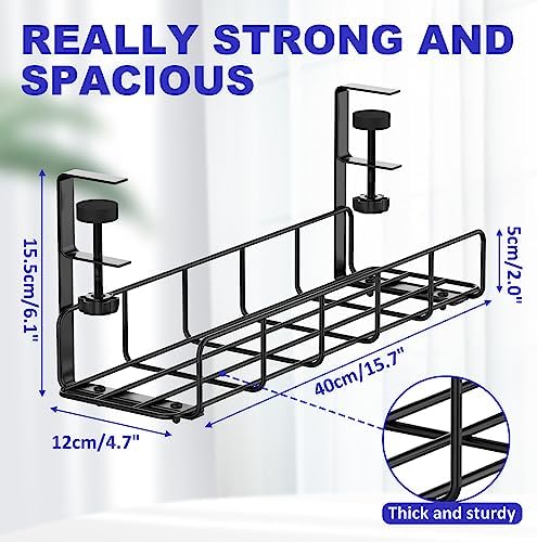 Under Desk Cable Management Tray, 15.7'' No Drill Steel Desk Cable Organizers, Wire Management Tray Cable Management Rack, Desk Cable Tray with Wire Organizer and Desk Cord Organizer - Image 5