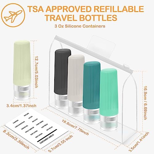 Leak Proof Travel Size Bottles, 3 OZ TSA Approved Travel Bottles for Toiletries with Labels, Refillable Silicone Toiletries Containers Travel Accessories for Shampoo Conditioner Lotion Liquid (5 Pack) - Image 4