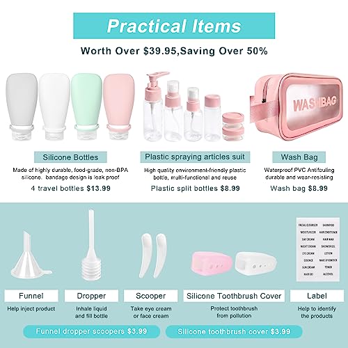 18 Pcs Travel Bottles for Toiletries Gym TSA Approved, Leak Proof with Bandage Silicone Squeezable 3oz for Toner Shampoo Conditioner Lotion Body Wash with Funnel Toothbrush cover Tag and Wash Bag - Image 3
