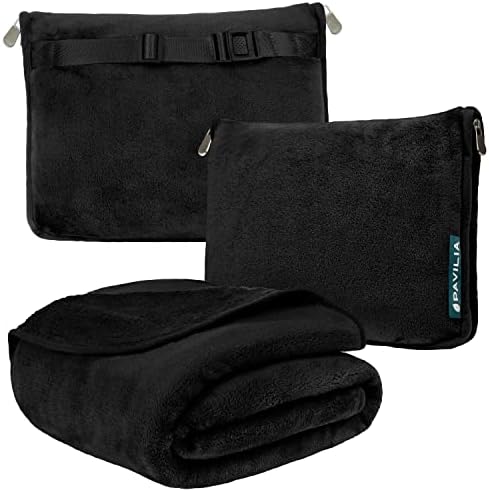PAVILIA Travel Blanket Pillow, Soft Airplane Blanket 2-in-1 Combo Set, Plane Blanket Compact Packable, Flight Essentials Car Pillow, Travelers Gifts Accessories, Luggage Backpack Strap, 60x43 Black - Image 2