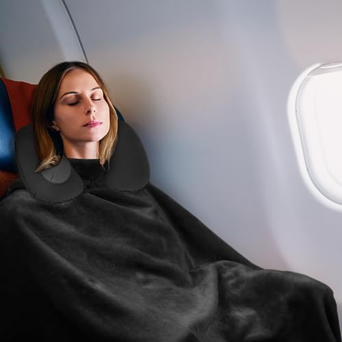 urnexttour Travel Pillow and Blanket Set Travel Essentials Inflatable Neck Support Pillows and Soft Blankets for Traveling Airplane Camping Car Black - Image 6