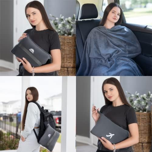 BlueHills Travel Blanket Pillow in Mini Soft Case Premium Plush Airplane Blanket Soft Bag Compact Pack with Luggage Belt and Backpack Clip - Grey Gray M01 - Image 3