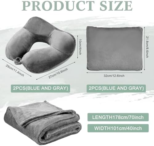 Newwiee 2 Travel Blanket and Pillow Set 70" x 40" Compact Soft Airplane Blanket with Built in Bag Inflatable Neck Pillow for Home Bed Airplane Car Office Camp Travel, Dark Blue and Dark Gray - Image 3
