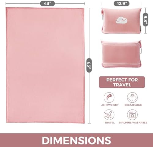 SOAGREVI Travel Blanket Pillow with Pockets, Airplane Blanket Set, Plane Blanket Compact Packable, Flight Essentials Car Pillow - Travel Essentials Gift for Women and Men on Airplanes - Pink - Image 3
