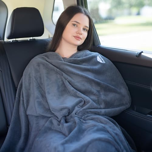 BlueHills Travel Blanket Pillow in Mini Soft Case Premium Plush Airplane Blanket Soft Bag Compact Pack with Luggage Belt and Backpack Clip - Grey Gray M01 - Image 6