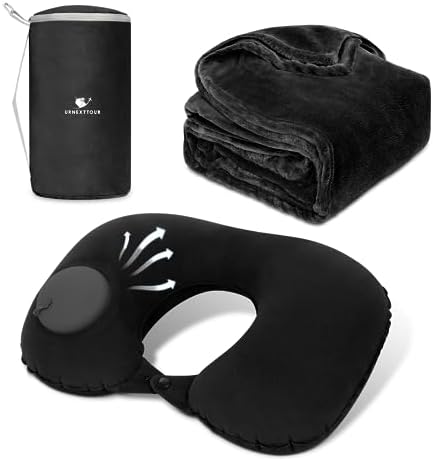urnexttour Travel Pillow and Blanket Set Travel Essentials Inflatable Neck Support Pillows and Soft Blankets for Traveling Airplane Camping Car Black - Image 2