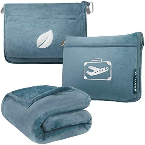 PAVILIA Travel Blanket Pillow in Soft Bag with Pockets, Airplane Blanket Set, Plane Blanket Compact Packable, Flight Essentials Car Pillow, Travelers Accessories Gifts, Luggage Strap, Dusty Light Blue - Image 2