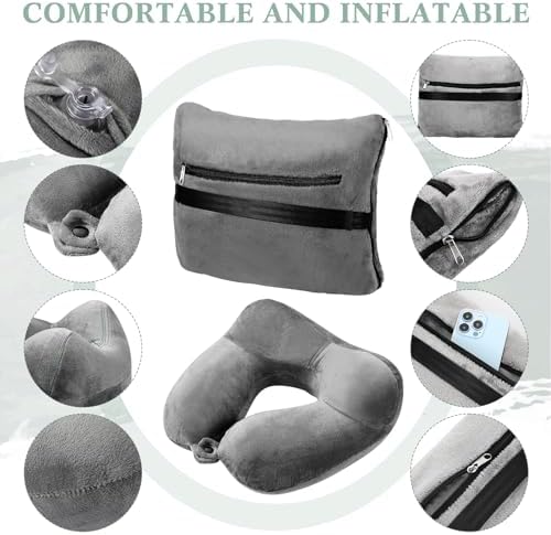 Newwiee 2 Travel Blanket and Pillow Set 70" x 40" Compact Soft Airplane Blanket with Built in Bag Inflatable Neck Pillow for Home Bed Airplane Car Office Camp Travel, Dark Blue and Dark Gray - Image 4