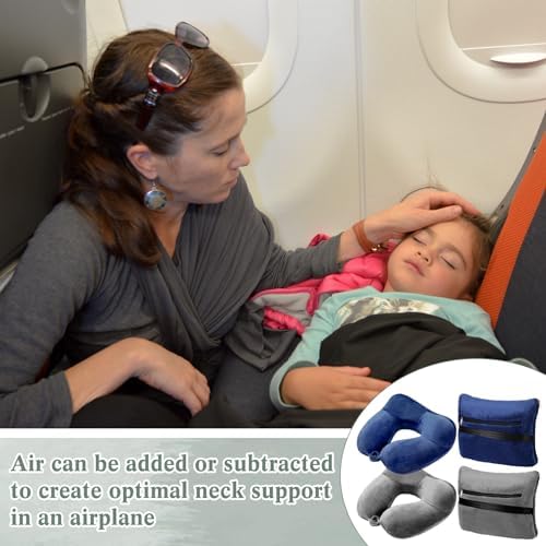 Newwiee 2 Travel Blanket and Pillow Set 70" x 40" Compact Soft Airplane Blanket with Built in Bag Inflatable Neck Pillow for Home Bed Airplane Car Office Camp Travel, Dark Blue and Dark Gray - Image 7