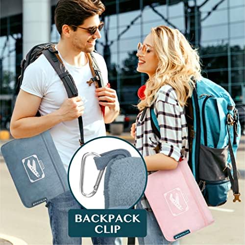 PAVILIA Travel Blanket Pillow in Soft Bag with Pockets, Airplane Blanket Set, Plane Blanket Compact Packable, Flight Essentials Car Pillow, Travelers Accessories Gifts, Luggage Strap, Dusty Light Blue - Image 5