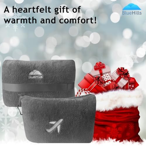 BlueHills Travel Blanket Pillow in Mini Soft Case Premium Plush Airplane Blanket Soft Bag Compact Pack with Luggage Belt and Backpack Clip - Grey Gray M01 - Image 4