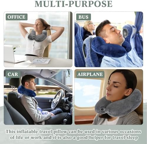 Newwiee 2 Travel Blanket and Pillow Set 70" x 40" Compact Soft Airplane Blanket with Built in Bag Inflatable Neck Pillow for Home Bed Airplane Car Office Camp Travel, Dark Blue and Dark Gray - Image 8