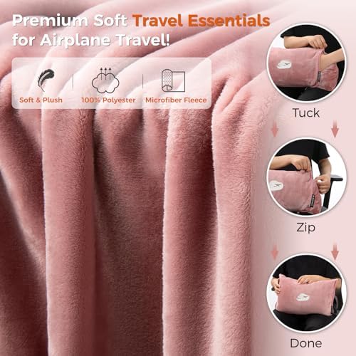 SOAGREVI Travel Blanket Pillow with Pockets, Airplane Blanket Set, Plane Blanket Compact Packable, Flight Essentials Car Pillow - Travel Essentials Gift for Women and Men on Airplanes - Pink - Image 7