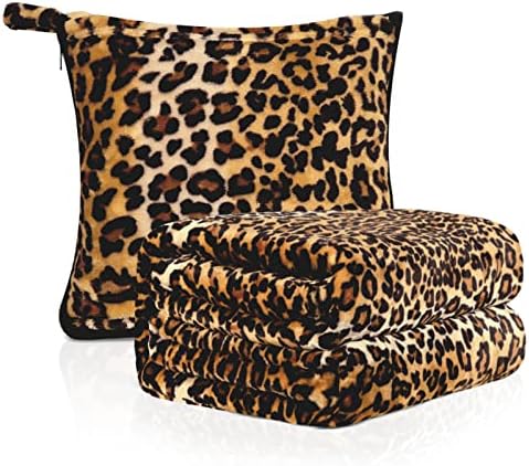 MACEVIA Travel Blanket Pillow Soft and Warm Blanket for Airplane Travel Essential Comfort Durability 2 in 1 Combo Throw Blanket for Train Car with Luggage Backpack Strap - Leopard Print - Image 2