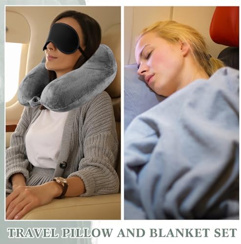 Newwiee 2 Travel Blanket and Pillow Set 70" x 40" Compact Soft Airplane Blanket with Built in Bag Inflatable Neck Pillow for Home Bed Airplane Car Office Camp Travel, Dark Blue and Dark Gray - Image 5