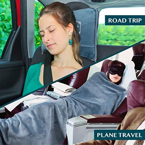 PAVILIA Travel Blanket Pillow in Soft Bag with Pockets, Airplane Blanket Set, Plane Blanket Compact Packable, Flight Essentials Car Pillow, Travelers Accessories Gifts, Luggage Strap, Dusty Light Blue - Image 7